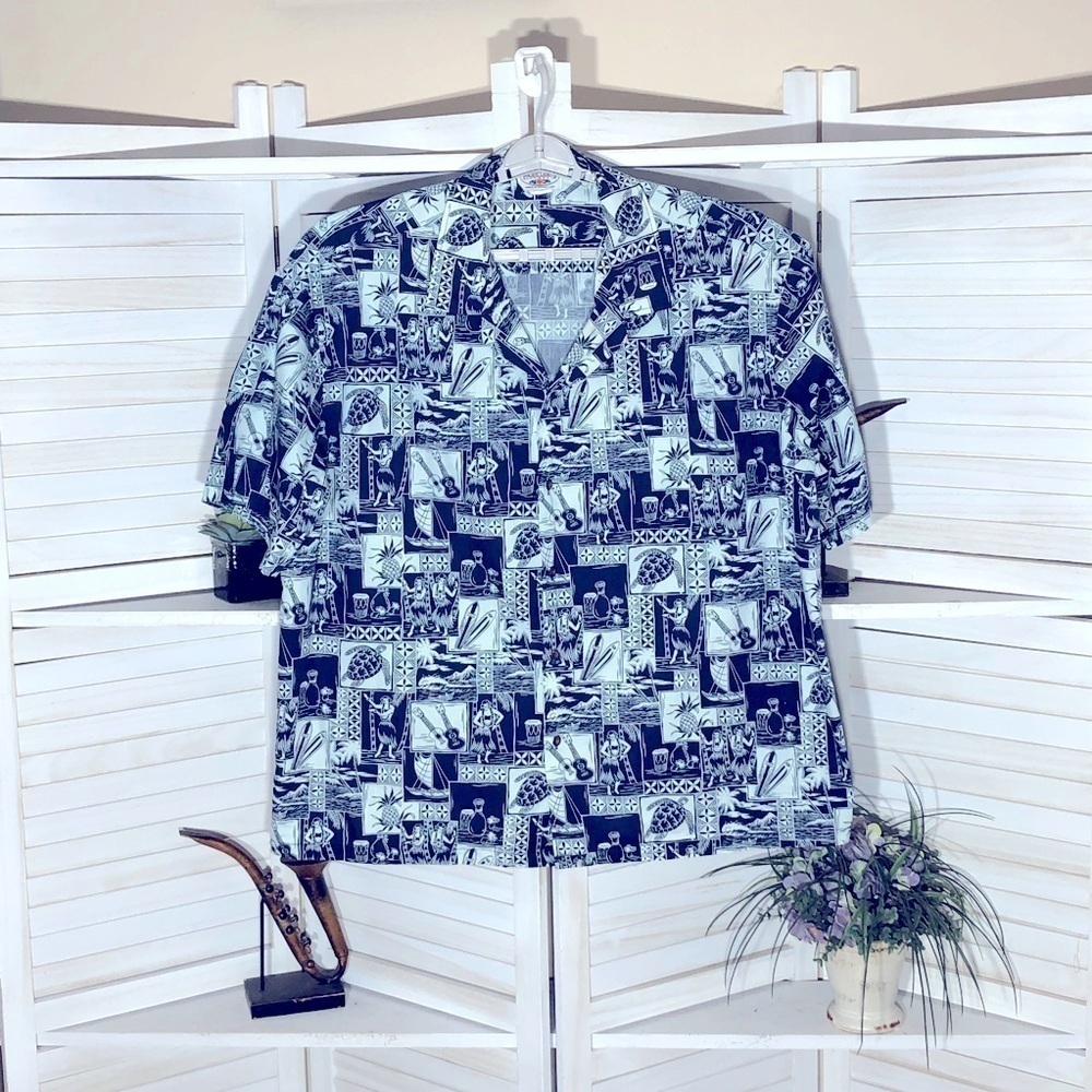 Vintage 90s Hawaiian Ukulele Graphic Blue Cotton Shirt 3XL